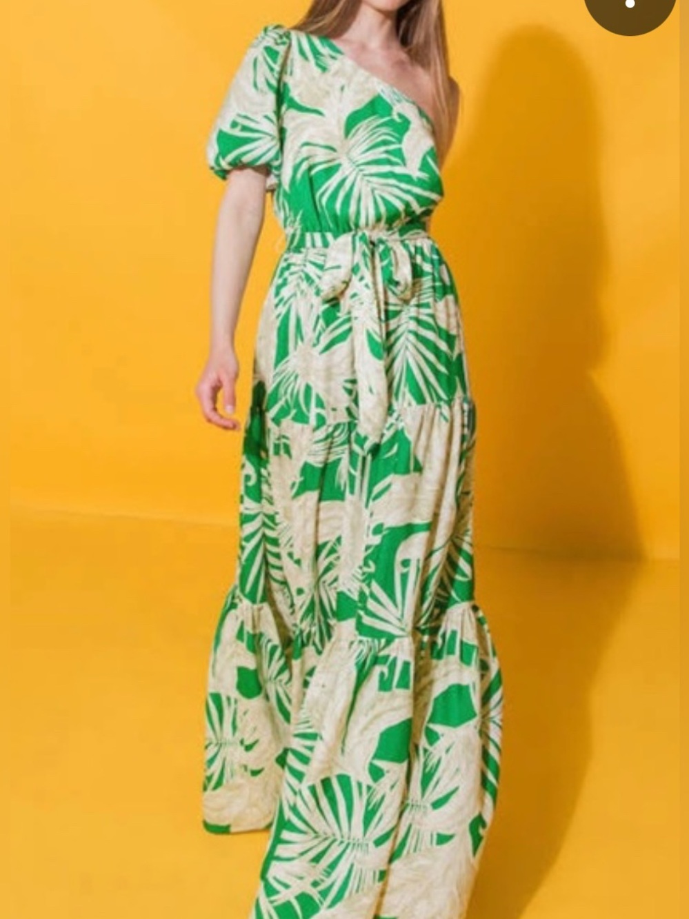 Flying Tomato Green and Cream Tropical Maxi Dress. One shoulder.
